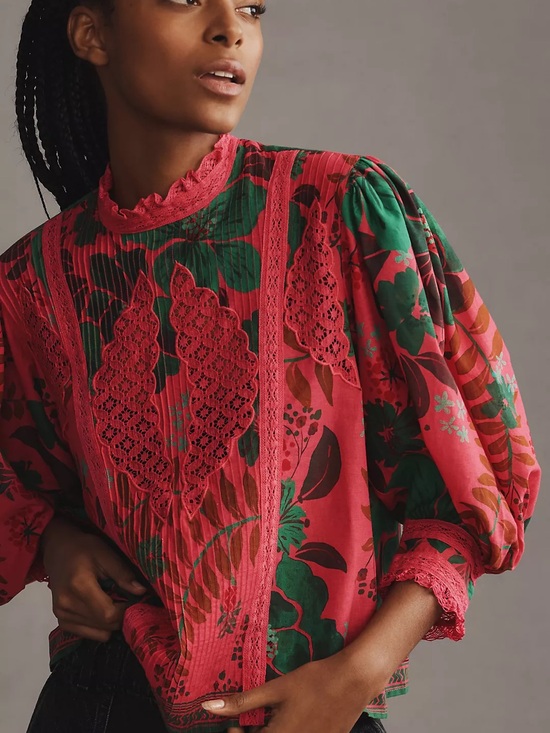 FARM Rio Tops - FARM Rio Red Floral Lace-Trim Puff Sleeve Blouse